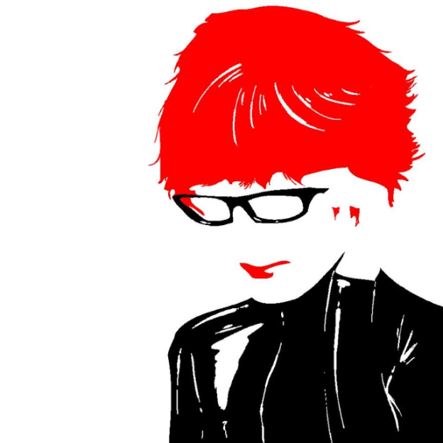 Stylized red, black, and white portrait of a person with short red hair, black glasses, red lipstick, and a glossy black jacket.